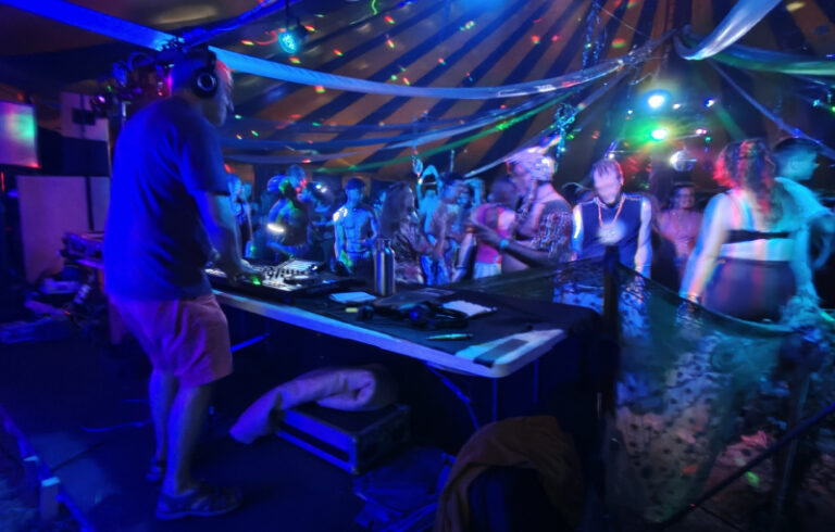 Cosmic Turtle DJing at Buddhafield under UV lighting, 2026